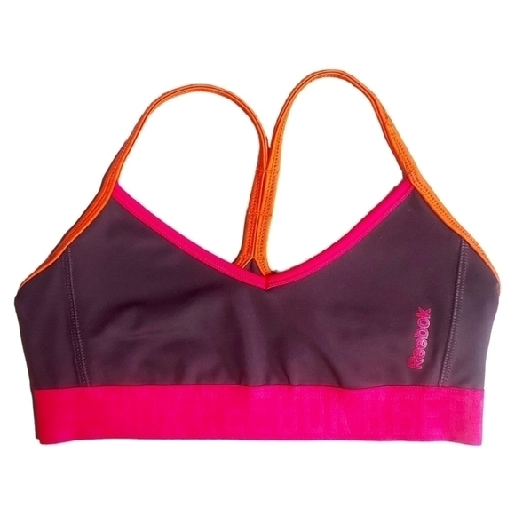 𝅺reebok Plum Orange Hot Pink Colorblock Sports Bra Size Small - Picture 1 of 4